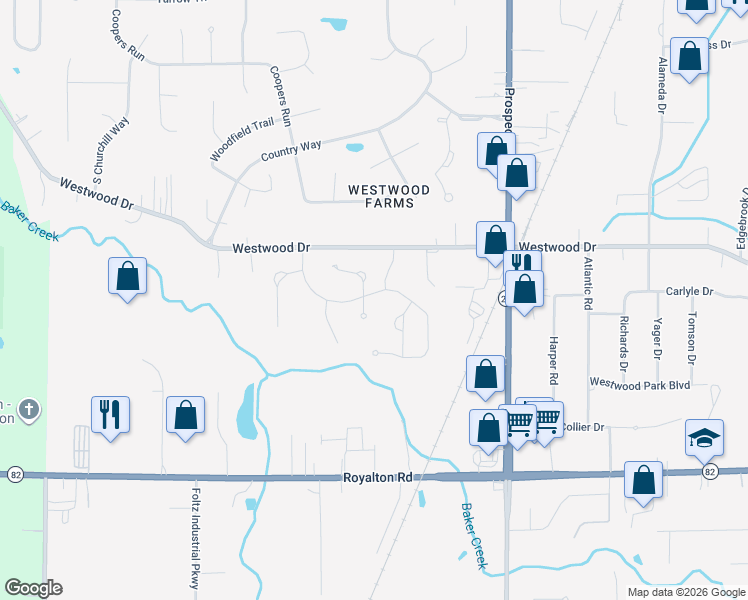 map of restaurants, bars, coffee shops, grocery stores, and more near 22263 Olde Creek Trail in Strongsville