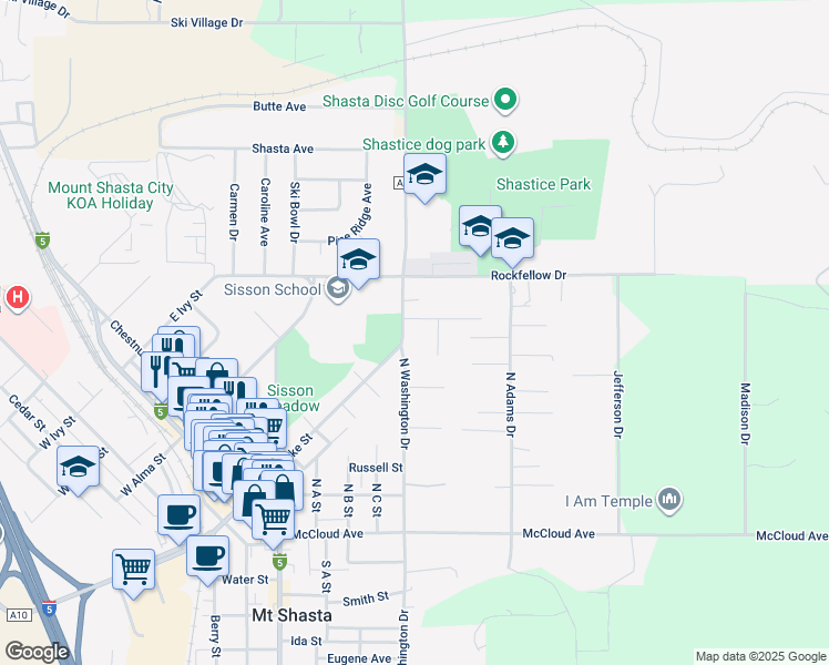map of restaurants, bars, coffee shops, grocery stores, and more near 509 Sarah Bell Street in Mount Shasta