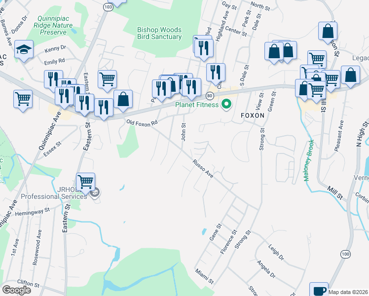 map of restaurants, bars, coffee shops, grocery stores, and more near 67 John Street in East Haven