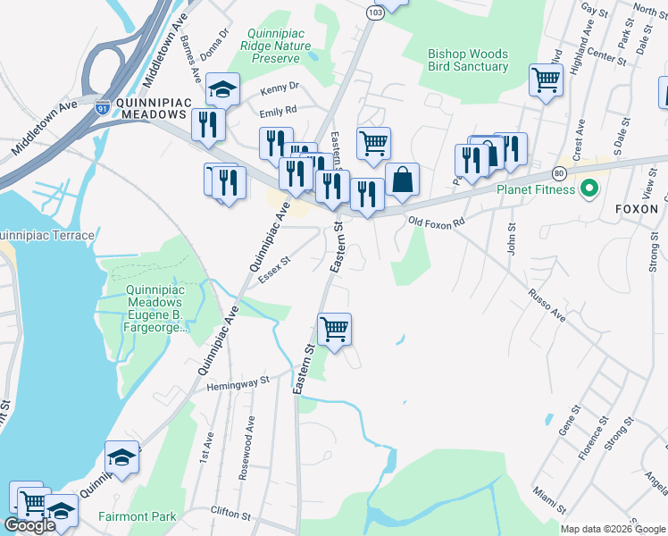 map of restaurants, bars, coffee shops, grocery stores, and more near 399 Eastern Street in New Haven
