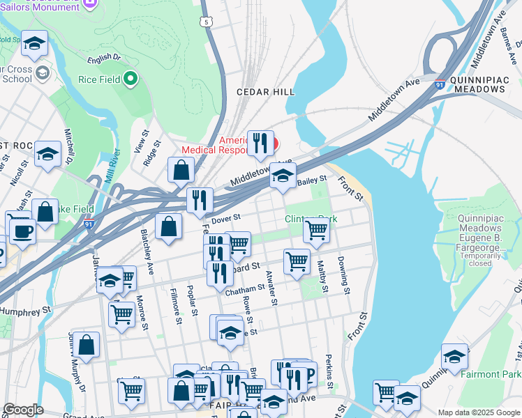 map of restaurants, bars, coffee shops, grocery stores, and more near 203 Atwater Street in New Haven