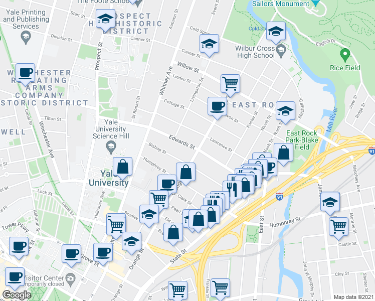 map of restaurants, bars, coffee shops, grocery stores, and more near 633 Orange Street in New Haven