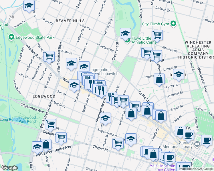 map of restaurants, bars, coffee shops, grocery stores, and more near 324 Sherman Avenue in New Haven