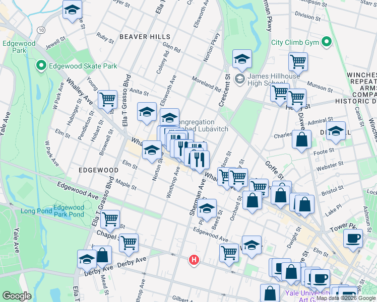 map of restaurants, bars, coffee shops, grocery stores, and more near 323 Whalley Avenue in New Haven