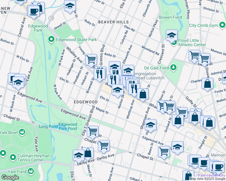map of restaurants, bars, coffee shops, grocery stores, and more near 230 Ellsworth Avenue in New Haven