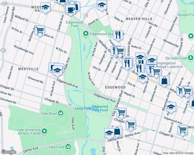 map of restaurants, bars, coffee shops, grocery stores, and more near 28 Pendleton Street in New Haven