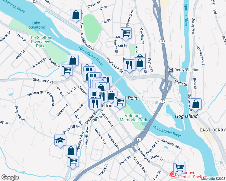 map of restaurants, bars, coffee shops, grocery stores, and more near 113 Canal Street West in Shelton