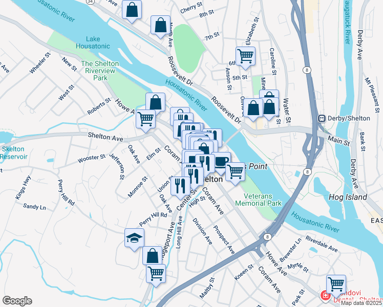 map of restaurants, bars, coffee shops, grocery stores, and more near 377 Coram Avenue in Shelton
