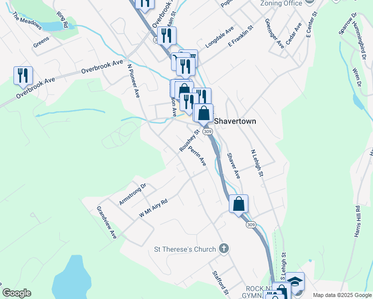 map of restaurants, bars, coffee shops, grocery stores, and more near 99 North Pioneer Avenue in Shavertown