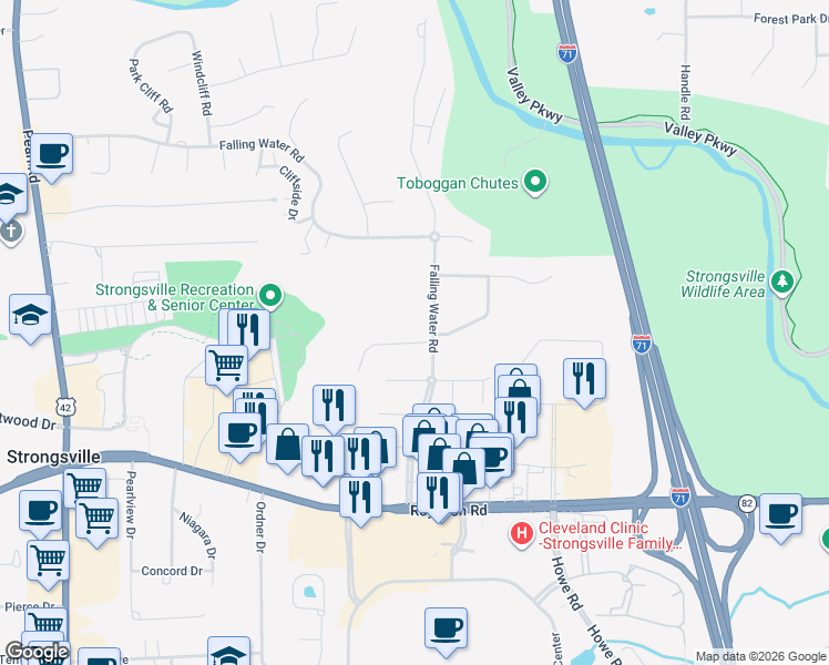 map of restaurants, bars, coffee shops, grocery stores, and more near 17377 Ridge Creek Road in Strongsville