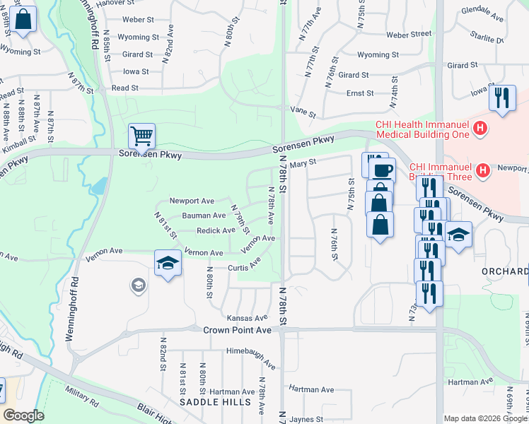 map of restaurants, bars, coffee shops, grocery stores, and more near 6414 North 78th Avenue in Omaha