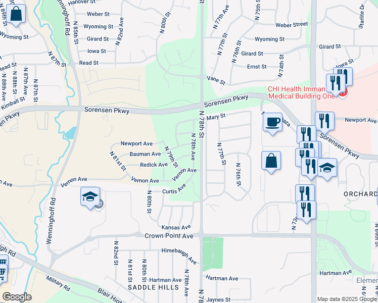 map of restaurants, bars, coffee shops, grocery stores, and more near 6414 North 78th Avenue in Omaha