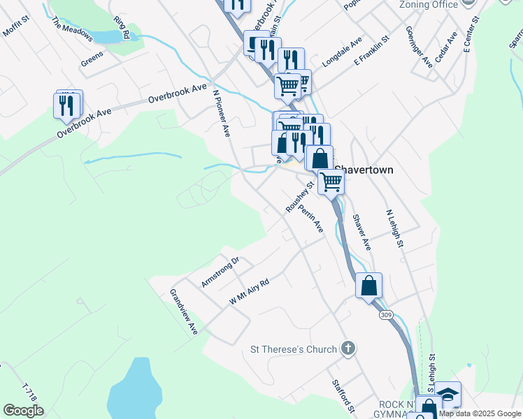 map of restaurants, bars, coffee shops, grocery stores, and more near 122 North Pioneer Avenue in Shavertown