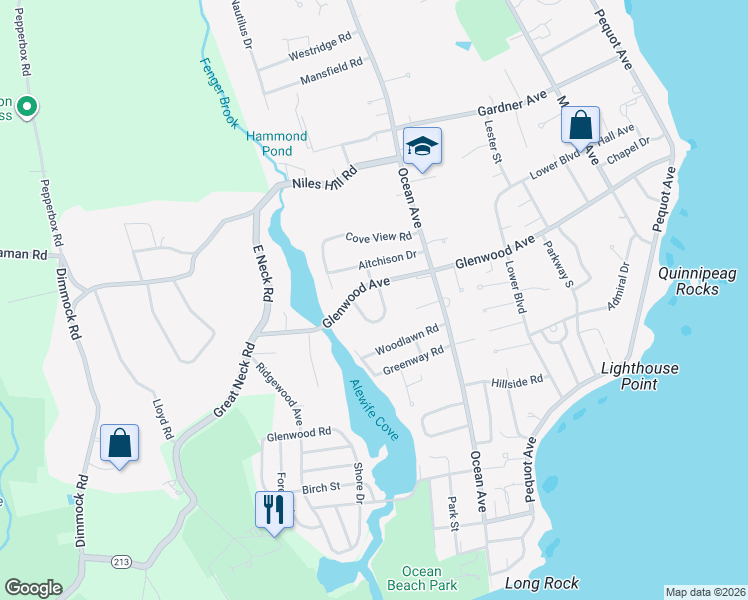 map of restaurants, bars, coffee shops, grocery stores, and more near 9 Glenwood Place in New London