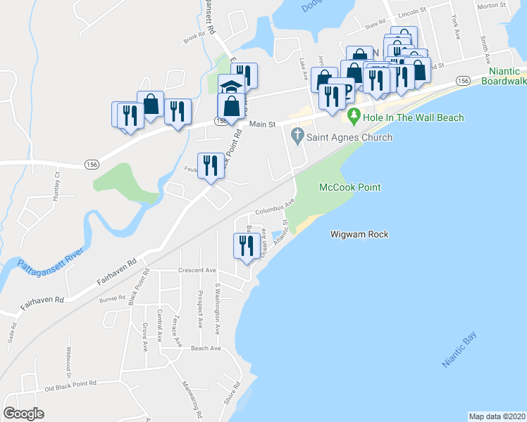 map of restaurants, bars, coffee shops, grocery stores, and more near Columbus Avenue in East Lyme