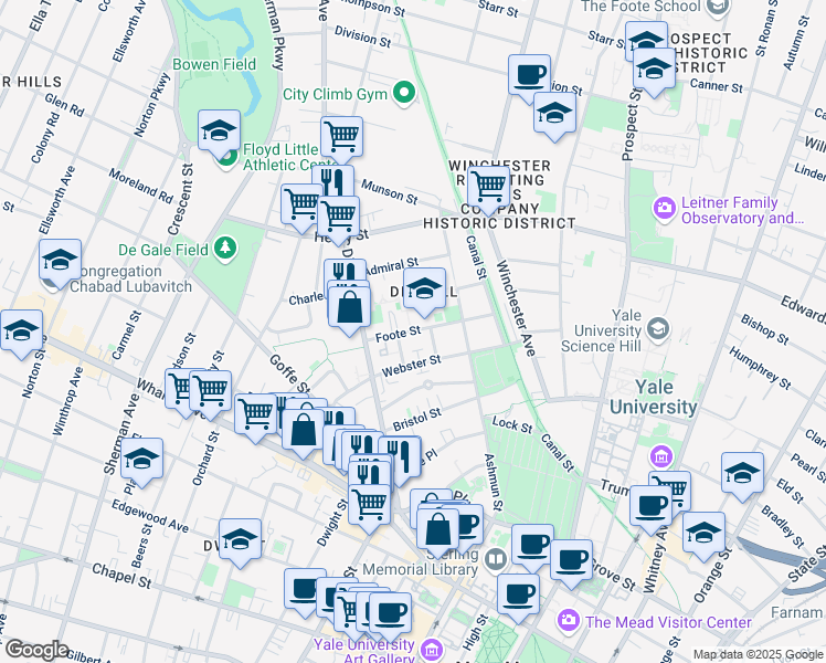 map of restaurants, bars, coffee shops, grocery stores, and more near 55 Foote Street in New Haven