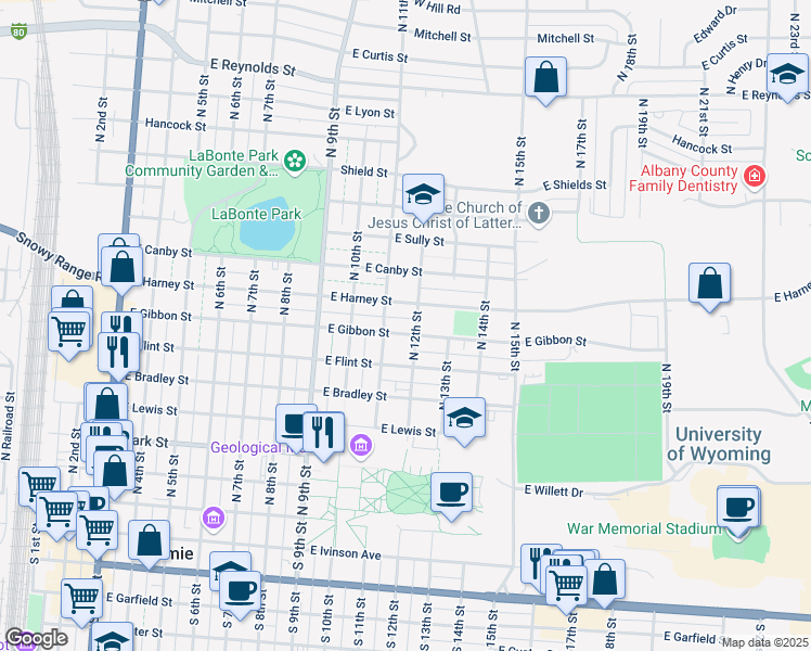 map of restaurants, bars, coffee shops, grocery stores, and more near 601-699 North 11th Street in Laramie