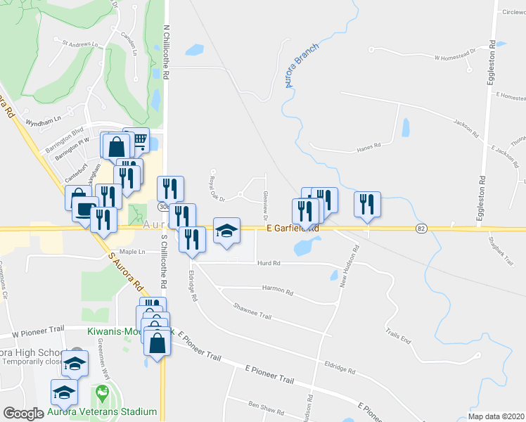 map of restaurants, bars, coffee shops, grocery stores, and more near 65 Glenview Drive in Aurora