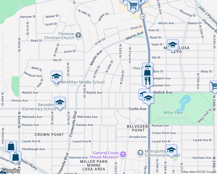 map of restaurants, bars, coffee shops, grocery stores, and more near 6520 North 33rd Street in Omaha