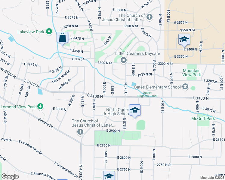 map of restaurants, bars, coffee shops, grocery stores, and more near 525 East in North Ogden