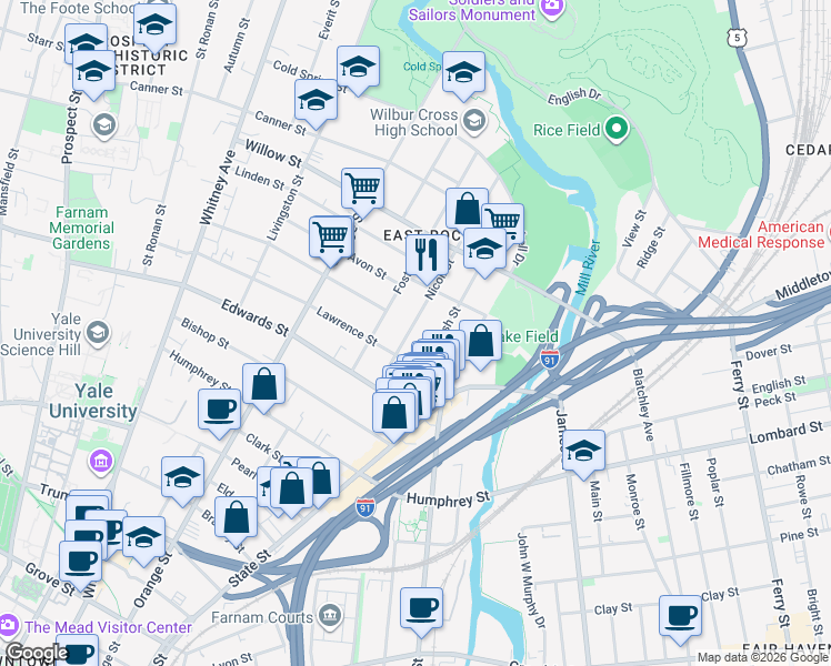map of restaurants, bars, coffee shops, grocery stores, and more near 89 Nicoll Street in New Haven