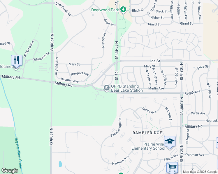 map of restaurants, bars, coffee shops, grocery stores, and more near 11409 Bauman Circle in Omaha