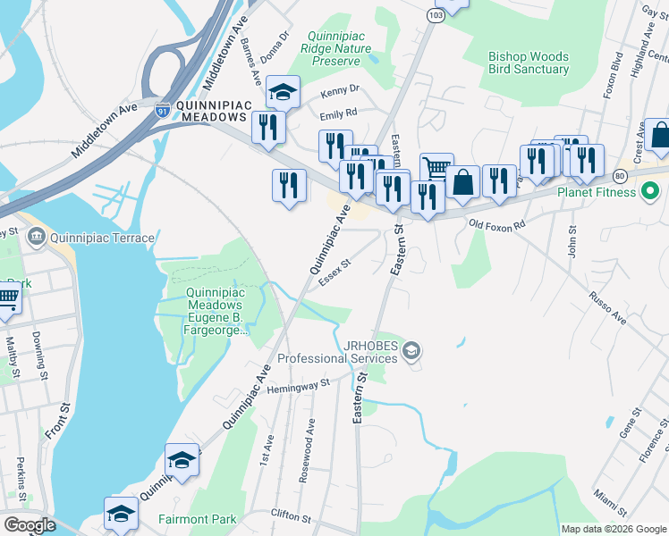 map of restaurants, bars, coffee shops, grocery stores, and more near 71 Essex Street in New Haven