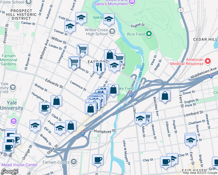 map of restaurants, bars, coffee shops, grocery stores, and more near 49 Mechanic Street in New Haven