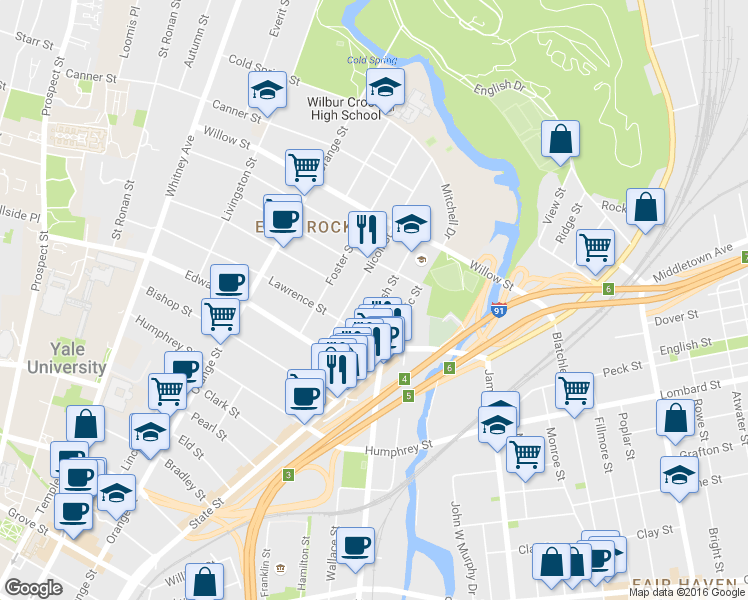 map of restaurants, bars, coffee shops, grocery stores, and more near 55 Nash Street in New Haven