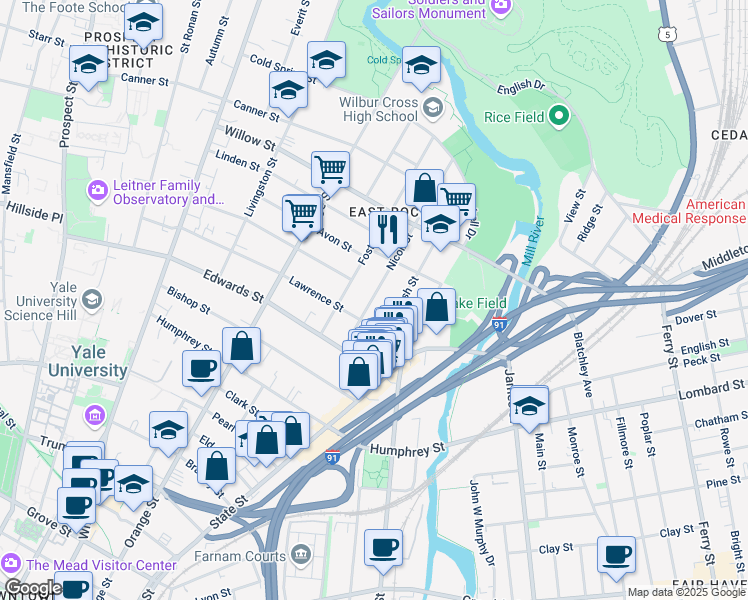 map of restaurants, bars, coffee shops, grocery stores, and more near 63 Lawrence Street in New Haven