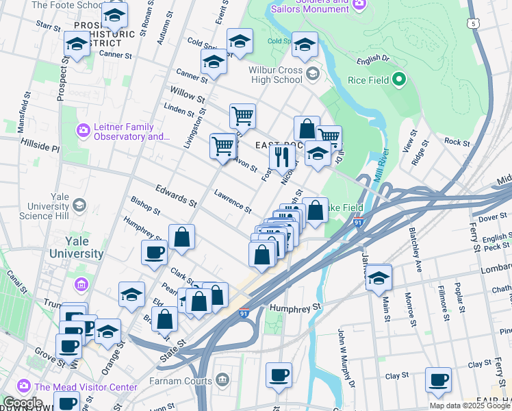 map of restaurants, bars, coffee shops, grocery stores, and more near 63 Lawrence Street in New Haven