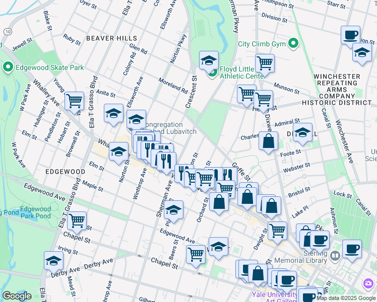 map of restaurants, bars, coffee shops, grocery stores, and more near 36 Hudson Street in New Haven