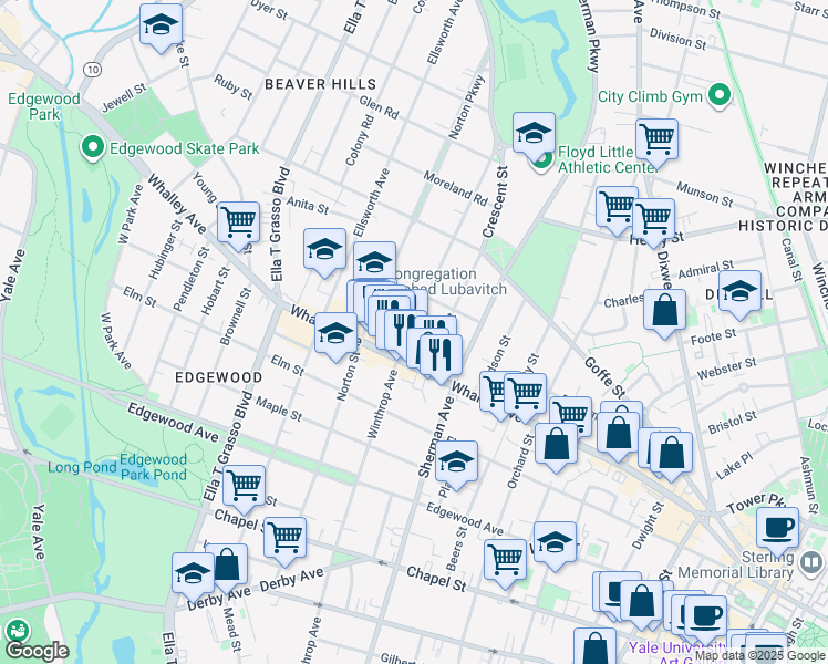map of restaurants, bars, coffee shops, grocery stores, and more near 323 Whalley Avenue in New Haven