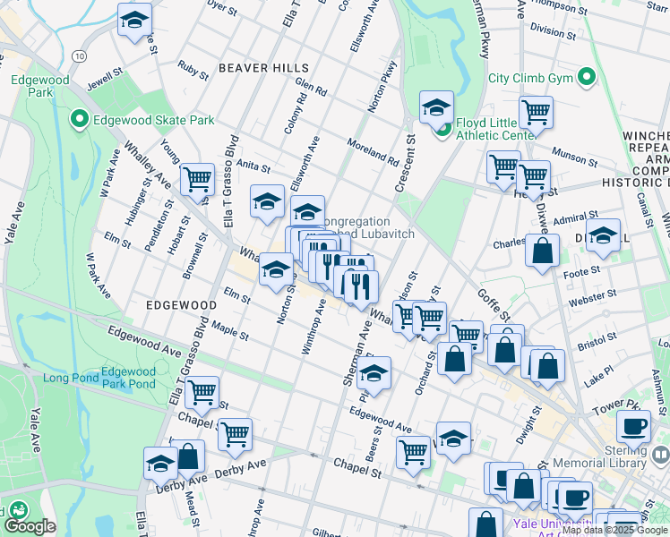 map of restaurants, bars, coffee shops, grocery stores, and more near 323 Whalley Avenue in New Haven