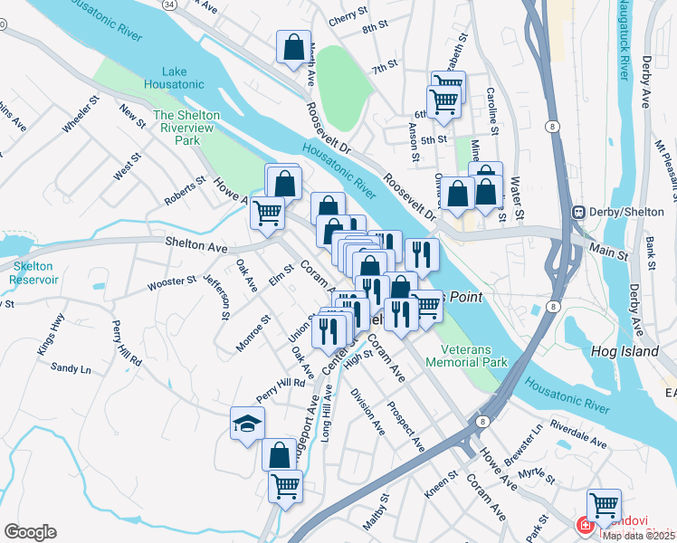 map of restaurants, bars, coffee shops, grocery stores, and more near 377 Coram Avenue in Shelton