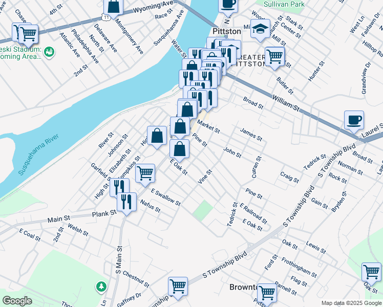 map of restaurants, bars, coffee shops, grocery stores, and more near 43-45 East Columbus Avenue in Pittston