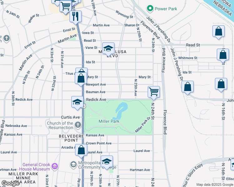 map of restaurants, bars, coffee shops, grocery stores, and more near 2708 Redick Avenue in Omaha