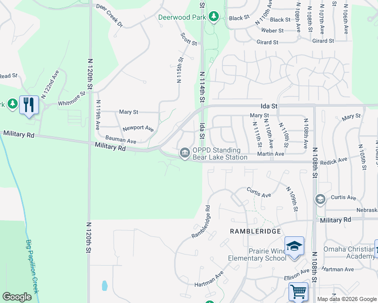 map of restaurants, bars, coffee shops, grocery stores, and more near 11409 Bauman Circle in Omaha