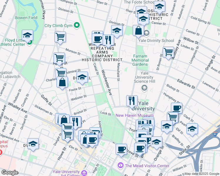 map of restaurants, bars, coffee shops, grocery stores, and more near 101 Winchester Avenue in New Haven