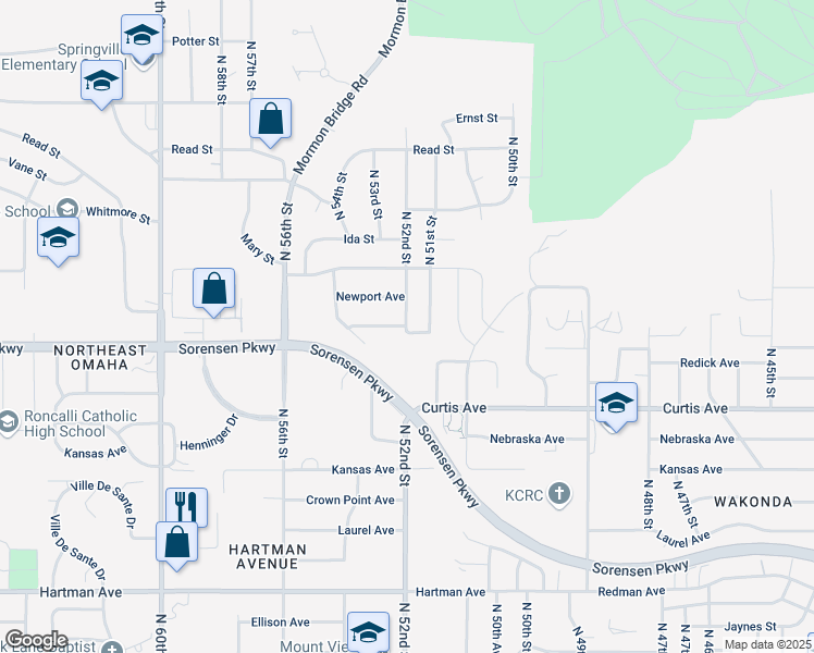 map of restaurants, bars, coffee shops, grocery stores, and more near 5850 Bauman Avenue in Omaha