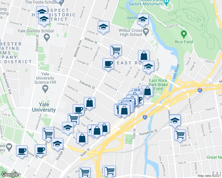 map of restaurants, bars, coffee shops, grocery stores, and more near 114 Lawrence Street in New Haven