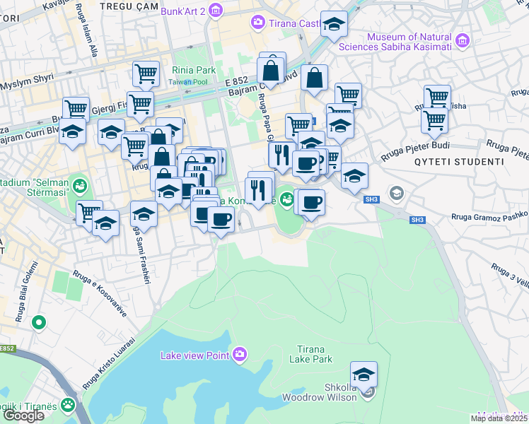 map of restaurants, bars, coffee shops, grocery stores, and more near Sheshi Italia in Tirana