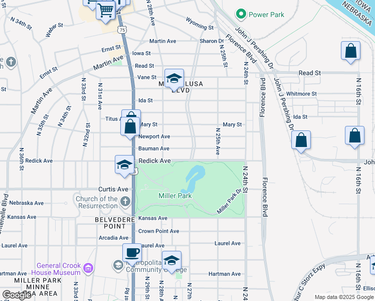 map of restaurants, bars, coffee shops, grocery stores, and more near 6616 Minne Lusa Boulevard in Omaha