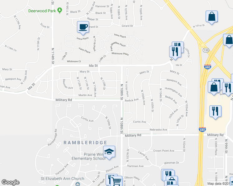map of restaurants, bars, coffee shops, grocery stores, and more near 6024 North 108th Avenue in Omaha