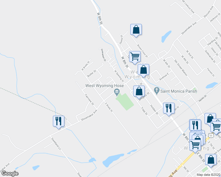 map of restaurants, bars, coffee shops, grocery stores, and more near 932 Narrow Street in Wyoming