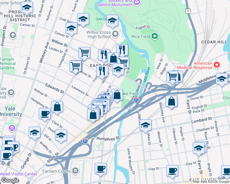 map of restaurants, bars, coffee shops, grocery stores, and more near 74 Mechanic Street in New Haven