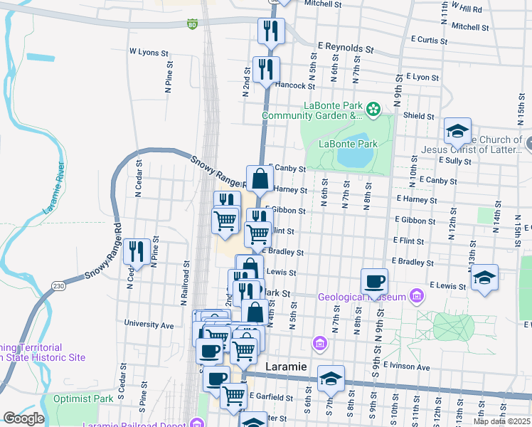 map of restaurants, bars, coffee shops, grocery stores, and more near 759 North 3rd Street in Laramie