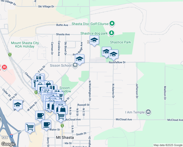 map of restaurants, bars, coffee shops, grocery stores, and more near 554 Everitt Memorial Hwy in Mt Shasta