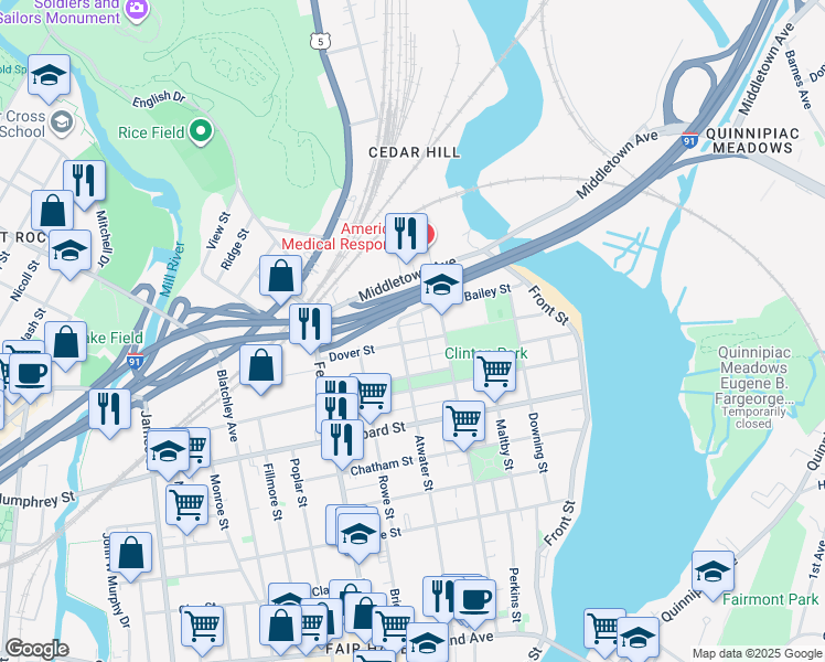 map of restaurants, bars, coffee shops, grocery stores, and more near 7 Wilcox Place in New Haven