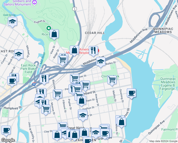 map of restaurants, bars, coffee shops, grocery stores, and more near Interstate 91 in New Haven